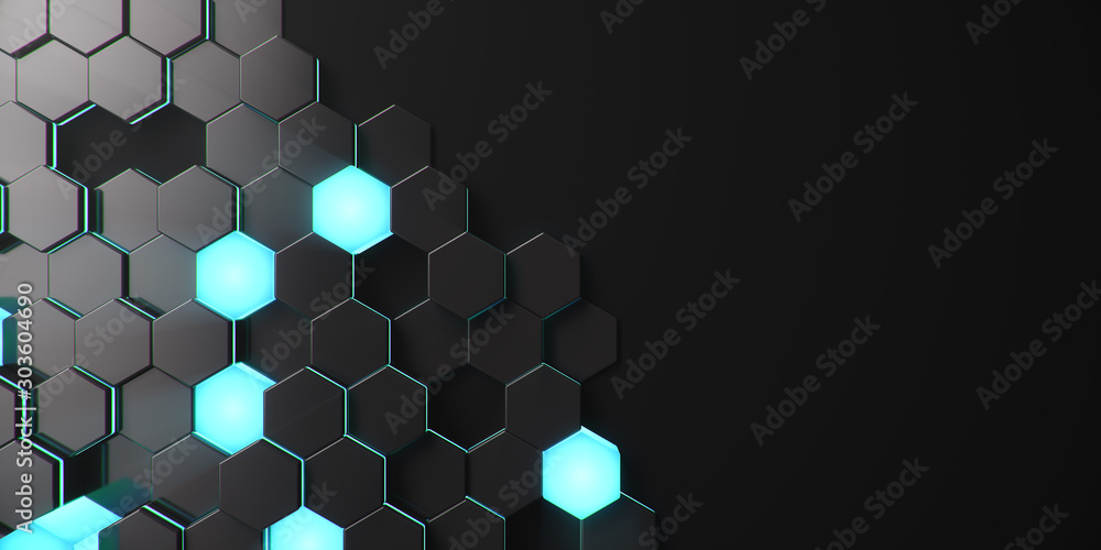 Aufkleber black geometric hexagonal abstract background. surface polygon pattern with blue glowing hexagons, h