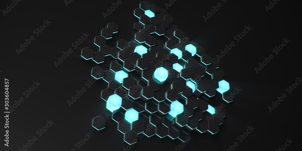 Poster black geometric hexagonal abstract background. surface polygon pattern with blue glowing hexagons, h