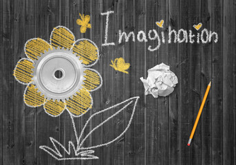 3d rendering of wooden background with picture of flower and word 'Imagination'.