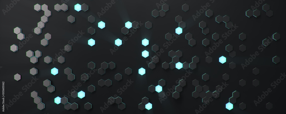 Aufkleber black geometric hexagonal abstract background. surface polygon pattern with blue glowing hexagons, h
