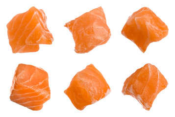Set with pieces of fresh raw salmon on white background. Fish delicacy