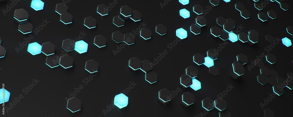 Poster black geometric hexagonal abstract background. surface polygon pattern with blue glowing hexagons, h