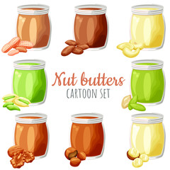Nut butters different spread set vector illustrations, cartoon isolated colorful nut butter flavours in a jar.