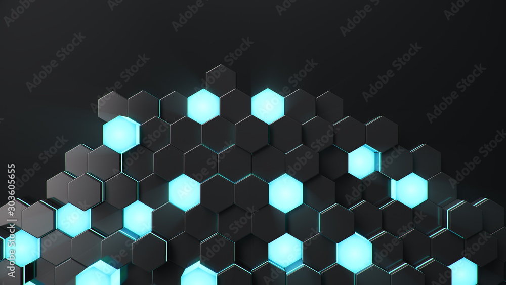 Poster black geometric hexagonal abstract background. surface polygon pattern with blue glowing hexagons, h