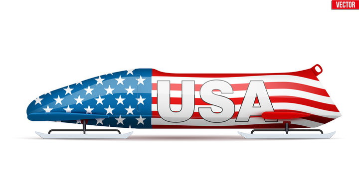 Bob sleighs with USA flag and text. Bobsleigh Sport Country Symbol. Side view. National team for Bobsled and Skeleton. Vector Illustration isolated on white background.