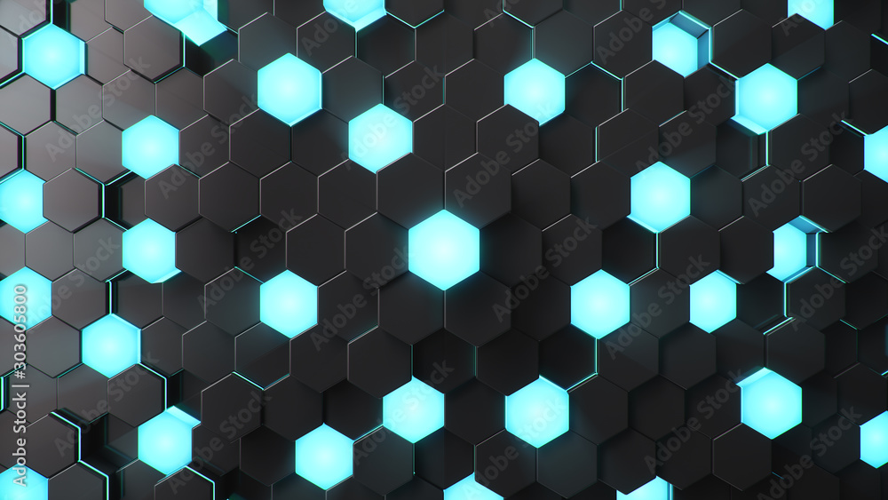 Aufkleber black geometric hexagonal abstract background. surface polygon pattern with blue glowing hexagons, h