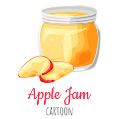 Apple fruit jam in a jar isolated close-up illustration, cartoon colorful clip-art.
