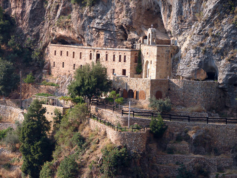 KADISHA VALLEY,LEBANON - CIRCA OCTOBER, 2009 -The monastery of Mar Elisha is perched on the cliff. Kadisha Valley, Lebanon