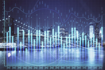 Financial chart on city scape with tall buildings background multi exposure. Analysis concept.