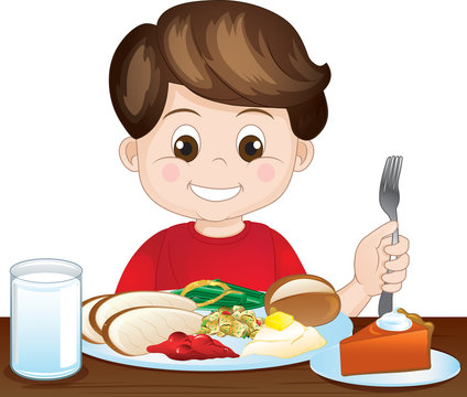 boy eating meal, red shirt, smiling, cartoon clip art preview