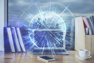Multi exposure of business theme icons and work space with computer background. Concept of success.