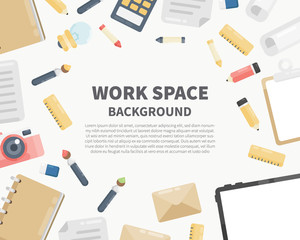 Vector top view of workplace background with camera, notebook, pencil, letter, tablet, calculator, paper, ruler, clipboard. Top view of desk background. Flat lay style. Free space for text.