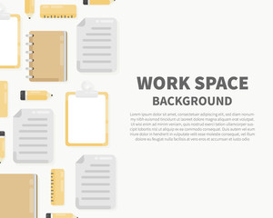 Top view of workplace background with papers, notebook, pencil, clipboard. Office workspace with stationery in top view. Flat lay style. Vector background with copy space. 