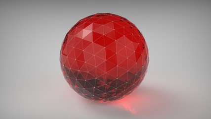 Polygonal red glass sphere with thin wireframe. Isolated on gray background. 3d render