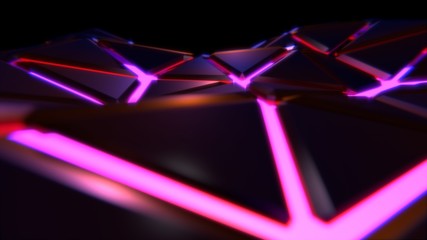 3d rendering background of glowing particles with depth of field, bokeh. Microworld or sci-fi theme. Particles form line and 3d surface.