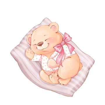 Sleeping Baby Bear. Cute cartoon catd with Teddy