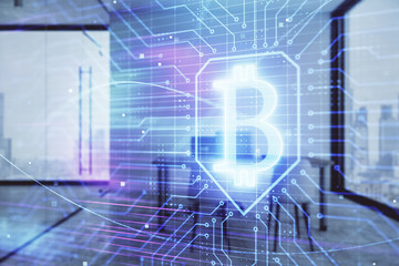 Bitcoin sign hologram with minimalistic cabinet background. Double exposure. Cryptocurrency concept.