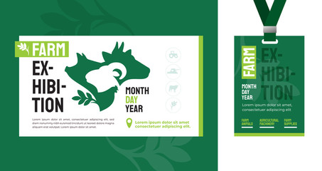 Design for farm exhibition, agriculture, livestock. Identity for agri business, agro conference. Illustration with sign of cow, pig, ram, chicken. Mockup ID card with strap. Template for flyer, print.