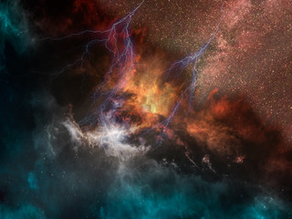 Fototapeta na wymiar Struggle of the two elements in outer space. Landscape with stars and nebulae of red and blue colors and beating lightnings. Elements of this image furnished by NASA.