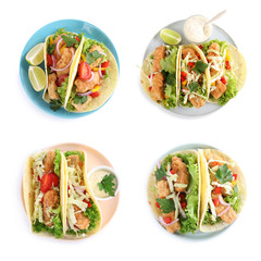 Set of delicious fresh fish tacos on white background, top view
