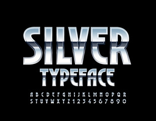 Vector Set of Glossy Silver Alphabet Letters and Numbers. Chic Chrome Font.