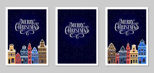 Winter urban landscape. Christmas and new year. Old european town. Cityscape. Сolorful old houses. Cartoon buildings. Vector illustration. Merry Christmas - hand drawn inscription. Lettering. Greeting