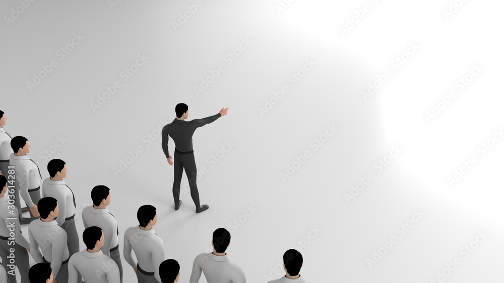 Wall mural one man standing out from the crowd pointing the direction to show  leadership on white Background. concept for business, Organization, boss, way, choice and direction. with copy space. 3d rendering