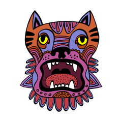 Aggressive dog face line art. Tribal ethnic totem. Hand drawn artwork in graphic style, colorful vector illustration. Perfect for tattoo design or logo.