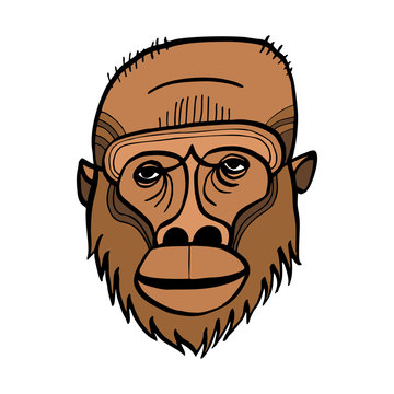 Orangutan face drawing. Line art colorful vector drawing. Totem animal, tattoo design, symbol.