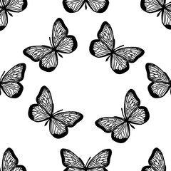 Seamless black and white pattern of butterflies on white background.	