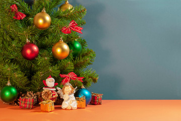 Christmas composition of tree, Christmas balls with place for text.