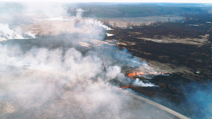 Fototapeta na wymiar Forest and field fire. Dry grass burns, natural disaster. Aerial view. Smooth flight over the place of fire, a small stream blocks the path to the fire.