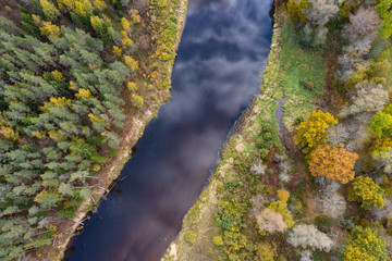 Forest in autumn colors. Colored trees and a meandering blue river. Red, yellow, orange, green deciduous trees in fall. Koiva national park, Latvia, Europe