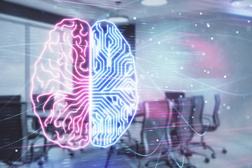 Double exposure of brain drawing hologram on conference room background. Concept of data analysis