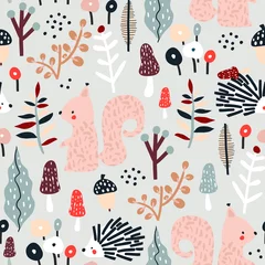 Fototapeten Seamless autumn pattern with squirrel, mushrooms and hedgehog. Creative woodland texture for fabric, wrapping, textile, wallpaper, apparel. Vector illustration © solodkayamari