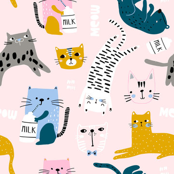 Seamless childish pattern with cute cats in different poses. Creative kids hand drawn texture for fabric, wrapping, textile, wallpaper, apparel. Vector illustration