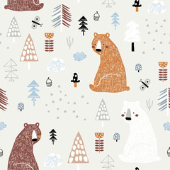 Naadloos kinderachtig patroon met schattige beren in het bos. Creatieve kinderbostextuur voor stof, verpakking, textiel, behang, kleding. vector illustratie