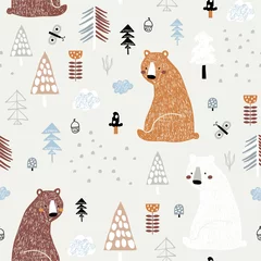 Fototapete Natürliche Umwelt Nahtloses kindliches Muster mit süßen Bären im Wald. Kreative Kinderwaldstruktur für Stoff, Verpackung, Textil, Tapete, Bekleidung. Vektor-Illustration