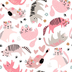 Seamless childish pattern with cute girl cats . Creative kids hand drawn texture for fabric, wrapping, textile, wallpaper, apparel. Vector illustration - obrazy, fototapety, plakaty