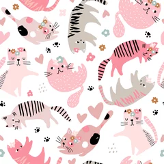 Fototapete Katzen Nahtloses kindisches Muster mit netten Mädchenkatzen. Kreative Kinder handgezeichnete Textur für Stoff, Verpackung, Textilien, Tapeten, Bekleidung. Vektor-Illustration