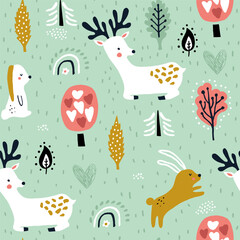 Seamless childish pattern with jumping rabbits, deers in the forest. Creative woodland texture for fabric, wrapping, textile, wallpaper, apparel. Vector illustration
