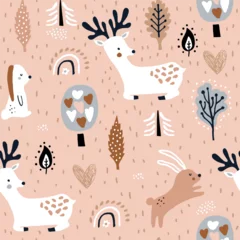 Photo sur Plexiglas Renard Motif enfantin sans couture avec des lapins sauteurs, des cerfs dans la forêt. Texture boisée créative pour tissu, emballage, textile, papier peint, vêtements. Illustration vectorielle