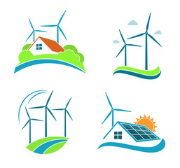 Set of minimalist illustrations for wind and solar energy. Clean energy and eco living concepts