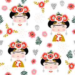 Seamless childish pattern Frida Kahlo portrait . Creative kids hand drawn texture for fabric, wrapping, textile, wallpaper, apparel. Vector illustration