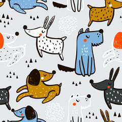 Kinderachtig naadloos patroon met hand getrokken honden. Trendy Scandinavische vector achtergrond. Perfect voor kinderkleding, stof, textiel, kinderkamerdecoratie, inpakpapier