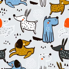 Fototapete Hunde Kindisches nahtloses Muster mit handgezeichneten Hunden. Trendiger skandinavischer Vektorhintergrund. Perfekt für Kinderbekleidung, Stoff, Textilien, Kinderzimmerdekoration, Geschenkpapier