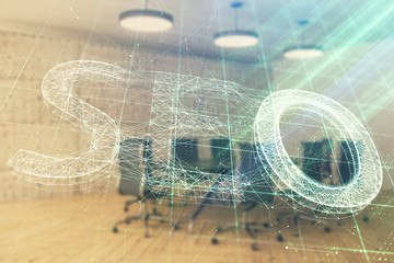 Double exposure of seo hologram on conference room background. Concept of search optimization