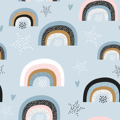 Kindisches nahtloses Muster mit kreativen Regenbögen, Sternen. Trendiger Kindervektorhintergrund. Perfekt für Kinderbekleidung, Stoffe, Textilien