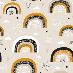 Kindisches nahtloses Muster mit kreativen Regenbögen, Sternen. Trendiger Kindervektorhintergrund. Perfekt für Kinderbekleidung, Stoff, Textil