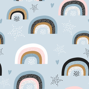 Childish seamless pattern with creative rainbows, stars. Trendy kids vector background. Perfect for kids apparel, fabric, textile